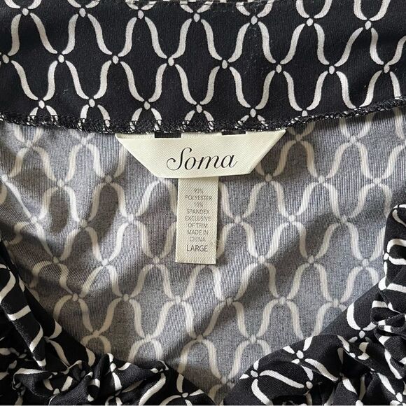 Soma Ruffle Dress Long Sleeve Knee Length Black White Stretch Waist V Neck Large - Picture 7 of 8